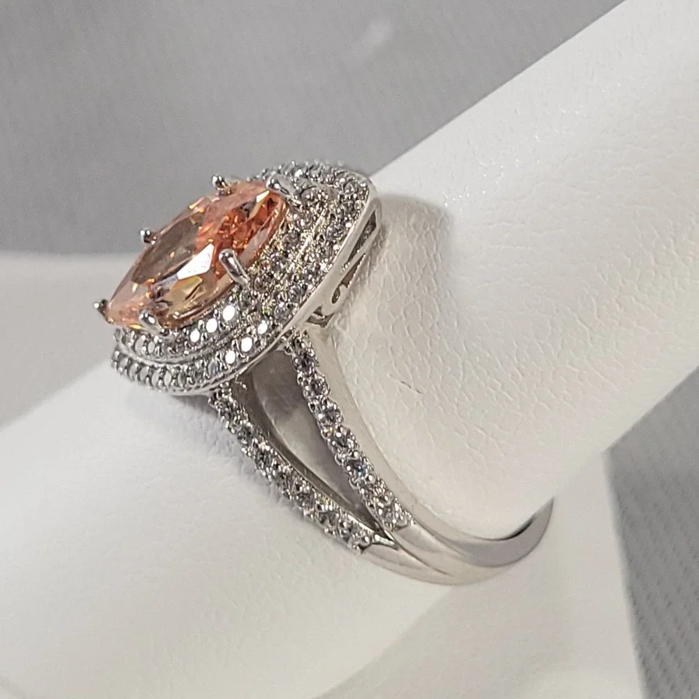 Sterling Silver Halo Ring Womens Size 8.75 Peach Marquise Glass Split Shank Pavé